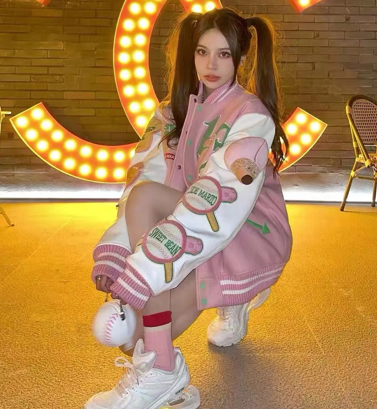 13DE MARZO Peach Biscuit Bear Baseball Uniform Jacket (Pink)