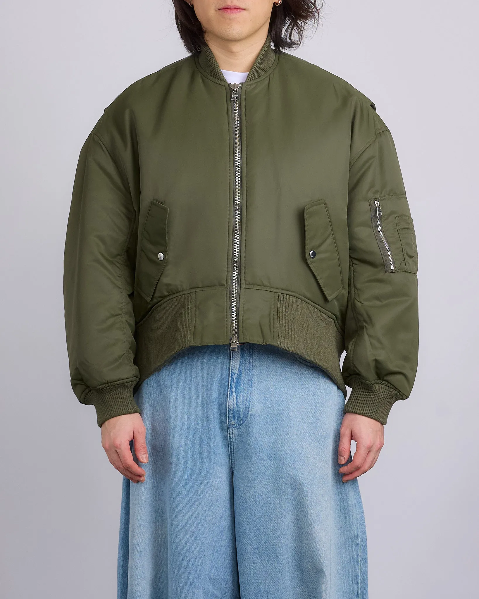 JW Anderson Oversized Curved Hem Bomber Jacket Olive