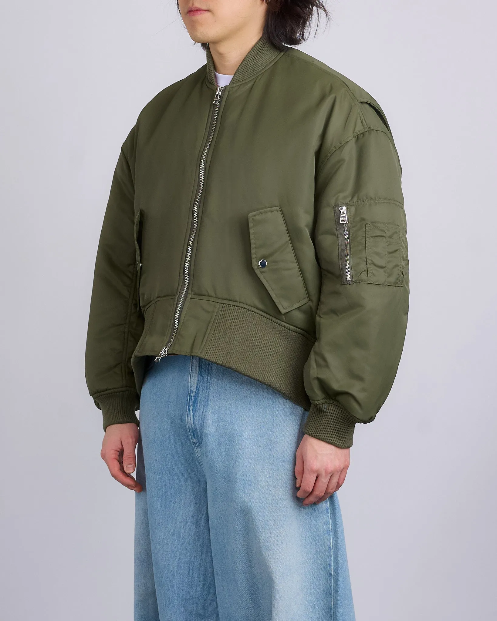 JW Anderson Oversized Curved Hem Bomber Jacket Olive