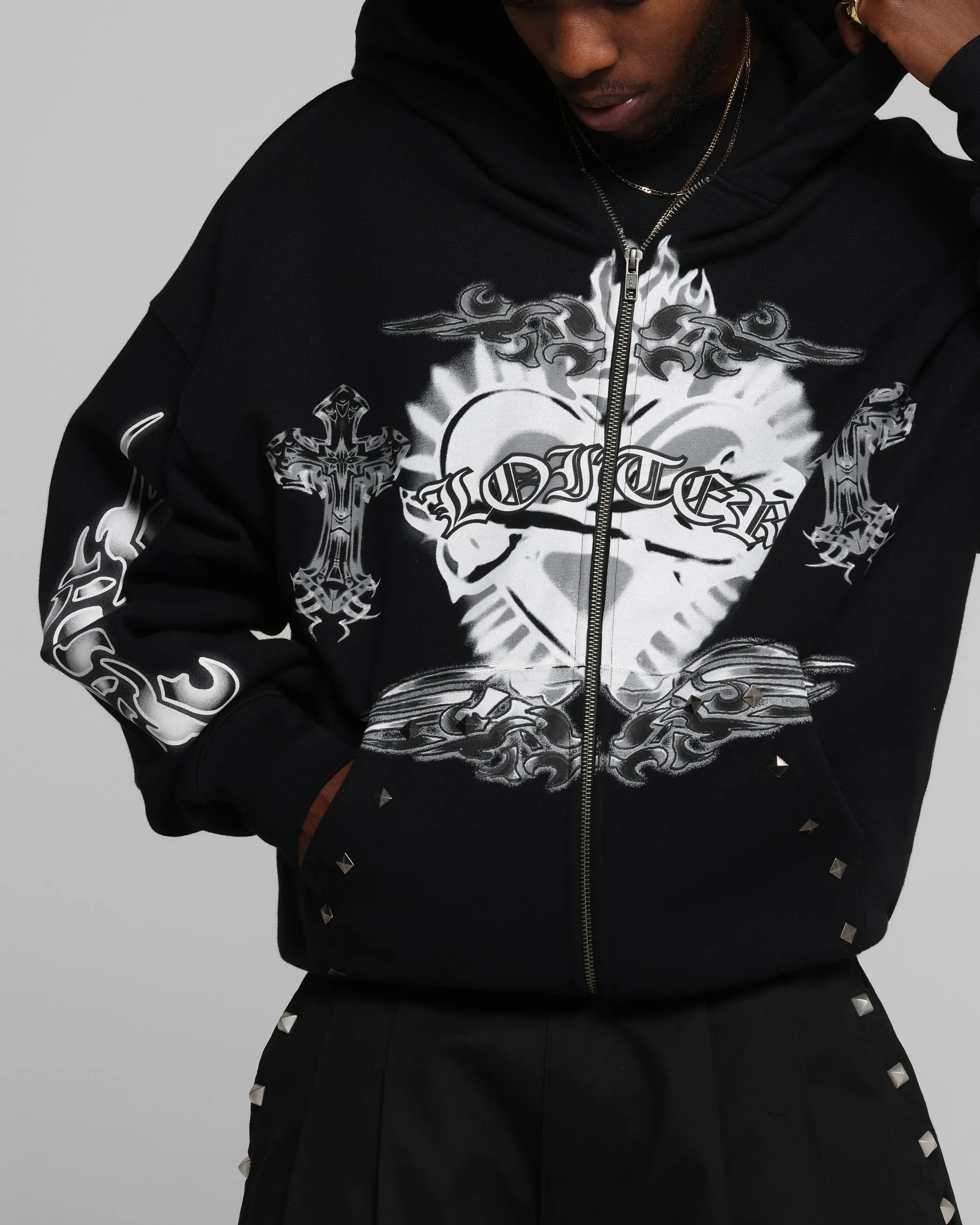Loiter Hearts Zip Hoodie Black